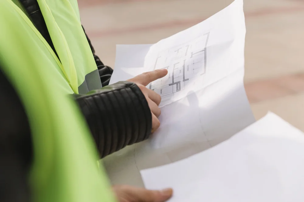 hombres de constructora examinando borradores