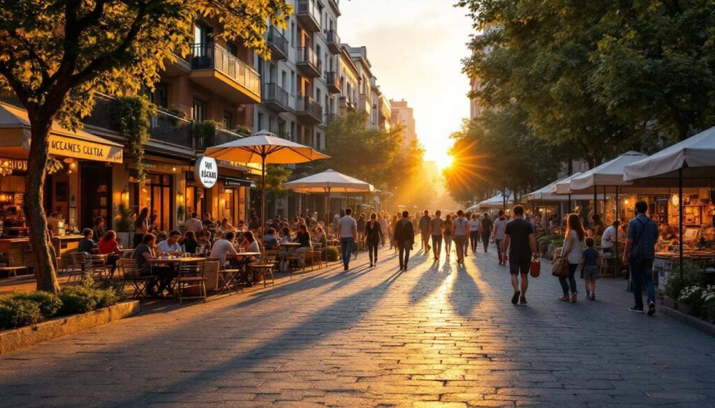 calle ciudad personas paseando atardecer