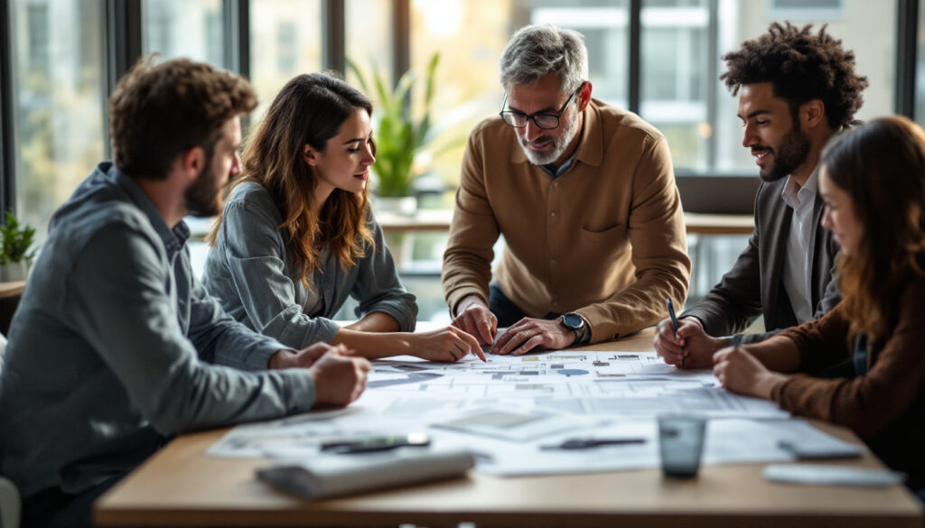 equipo de trabajo discutiendo planos en oficina colaborativa