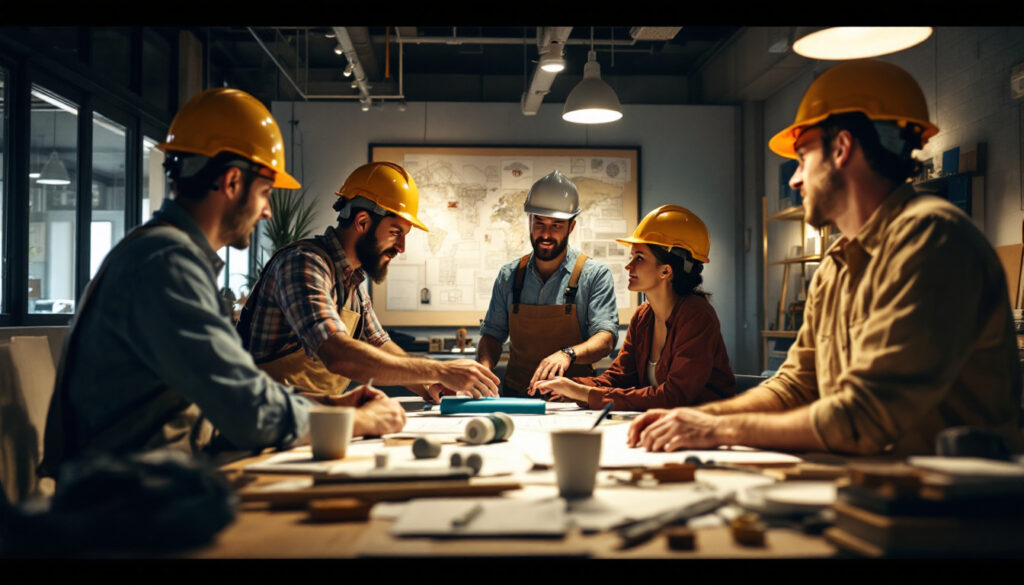 equipo de trabajo en reunion con ingenieros y cascos