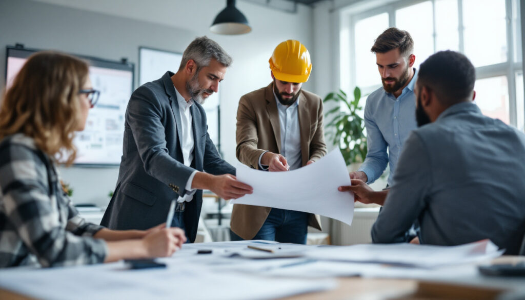 grupo de profesionales y contratista revisando proyectos en equipo