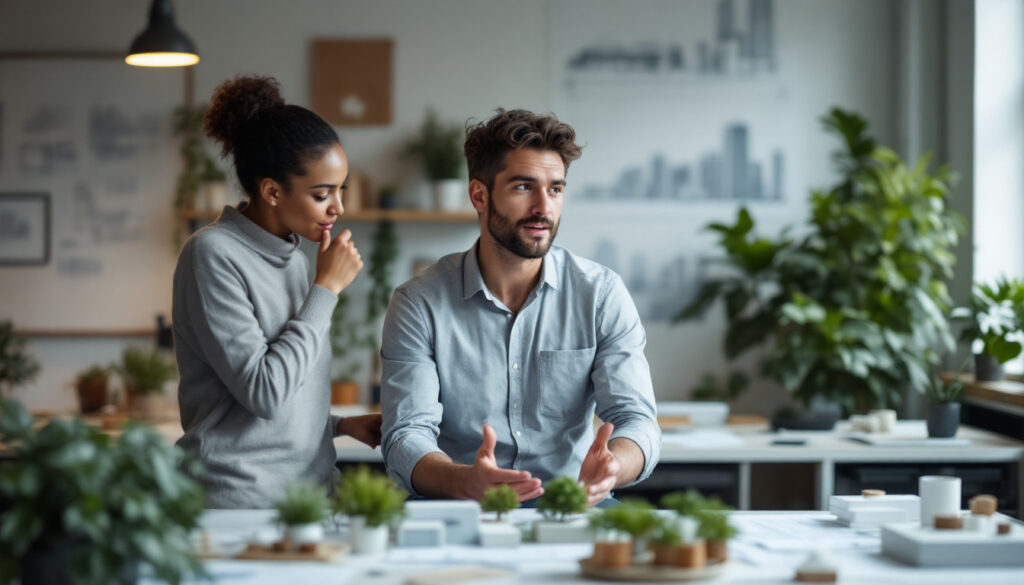 pareja hablando en cocina moderno con plantas