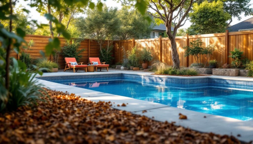 piscina jardin hojas otono