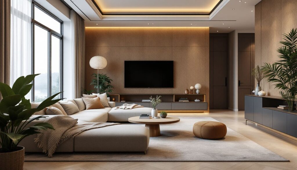 sala estar con iluminacion led y muebles en tonalidades caramelo