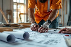 A photograph of a construction site with workers collaborating on plans